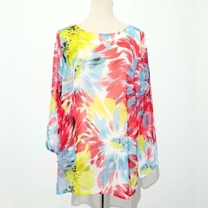 Susan Graver Women's M Sheer Floral Split Sleeve Blouse Top Multicolor Pullover